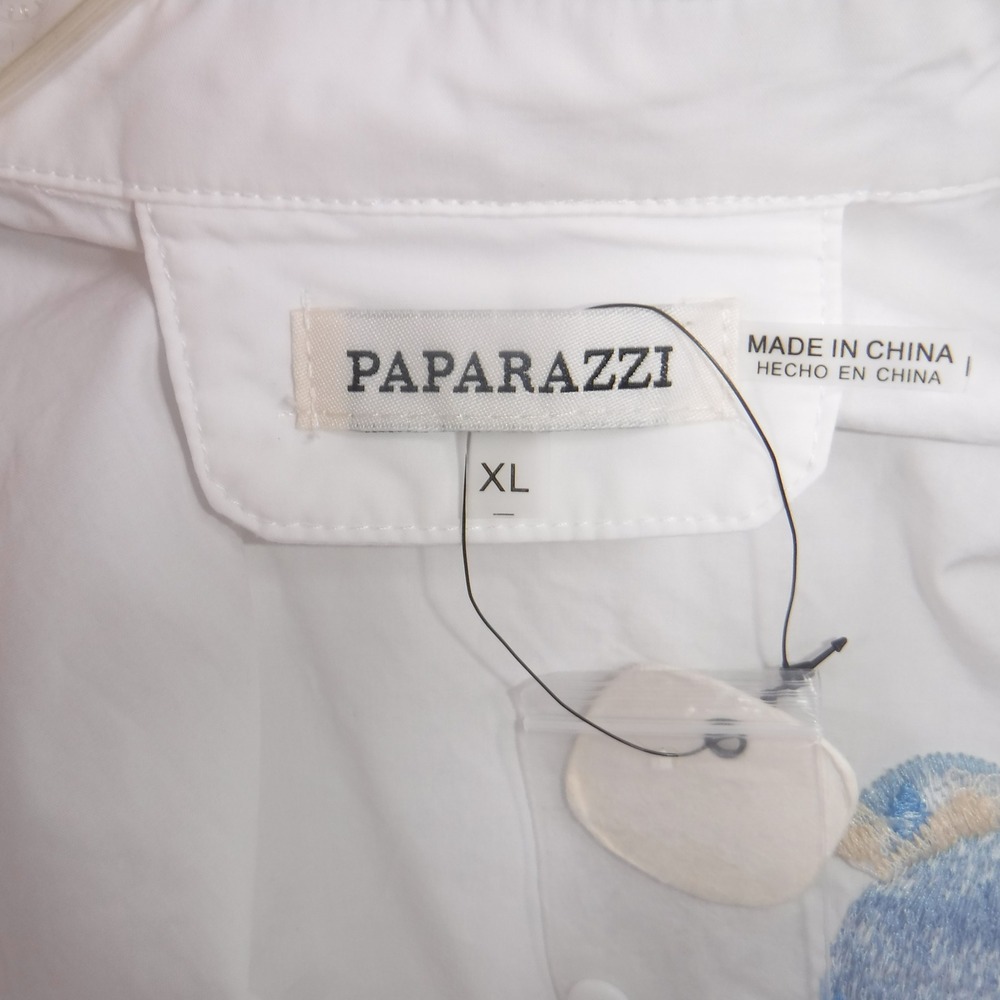 Paparazzi White Embroidered Bluebird Floral Button Down Shirt XL Roll Tab Sleeve - Picture 6 of 10